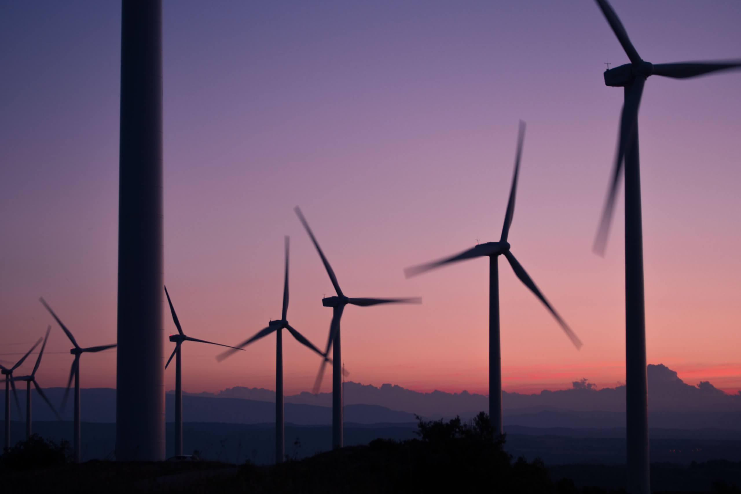 Wind turbines in a field during sunset